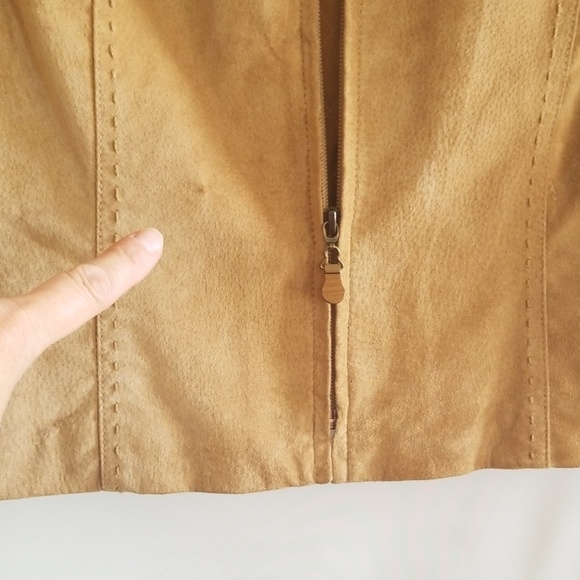 Tan Suede Leather quilted Vest faux fur collar - Picture 7 of 8